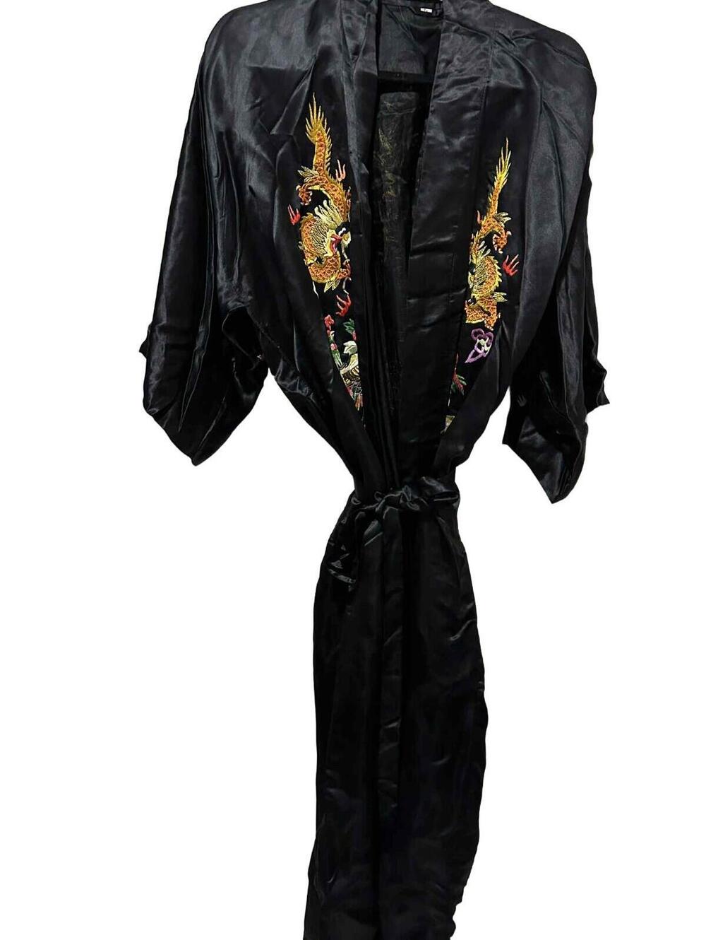 Vtg Black Hand Embroidered Floral Silk Robe Festival Boho Kimono Women's Size L